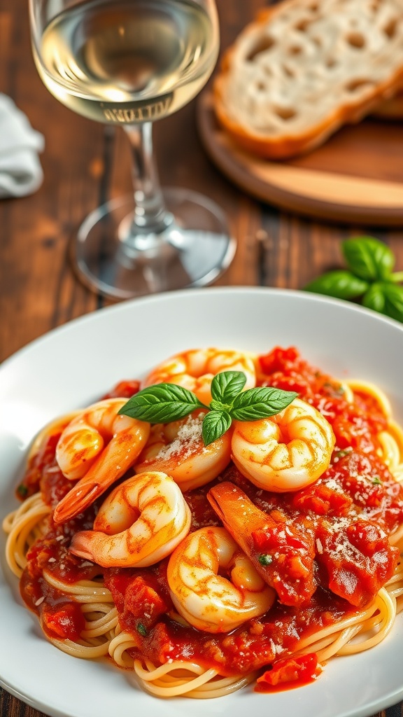 Shrimp Fra Diavolo with spaghetti, spicy tomato sauce, garnished with basil and Parmesan on a rustic table.
